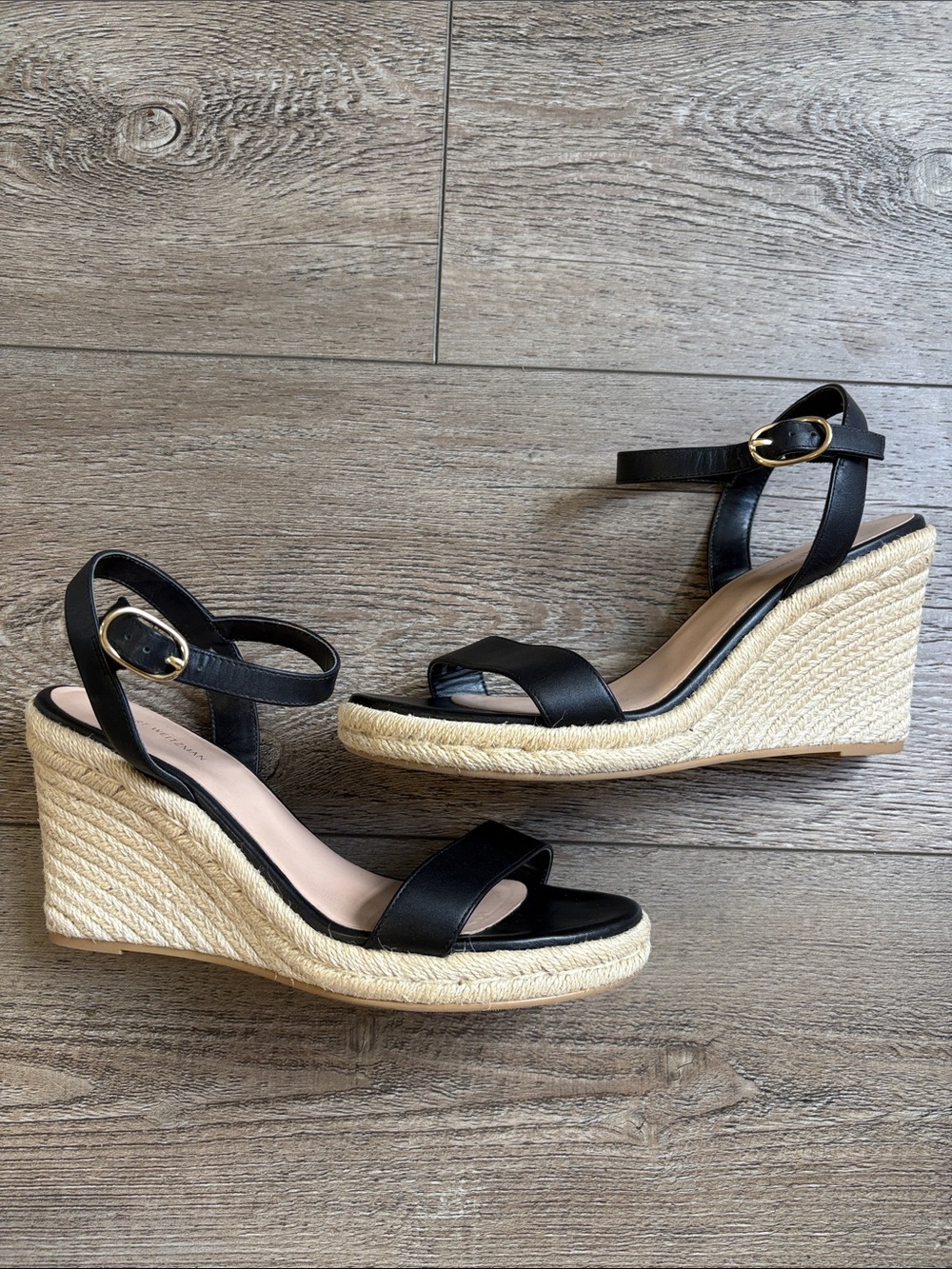 Stuart Weitzman Teddi Black Leather Espadrille Jute Open-toe Wedge Sandals